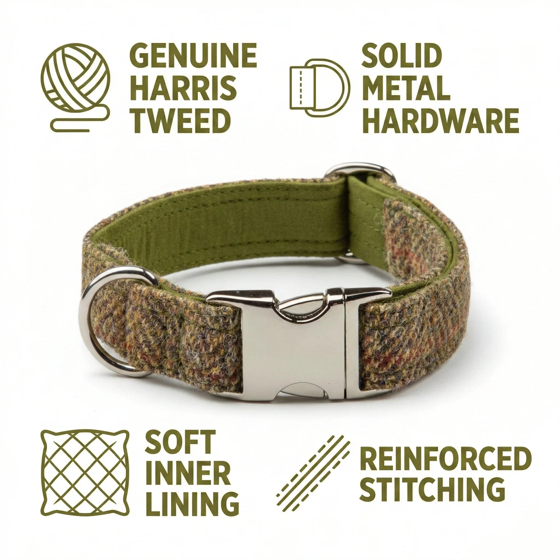 Dog collar with Harris Tweed material, solid metal hardware, soft inner lining, and reinforced stitching on a white background.