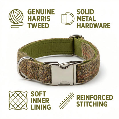 Dog collar with Harris Tweed material, solid metal hardware, soft inner lining, and reinforced stitching on a white background.