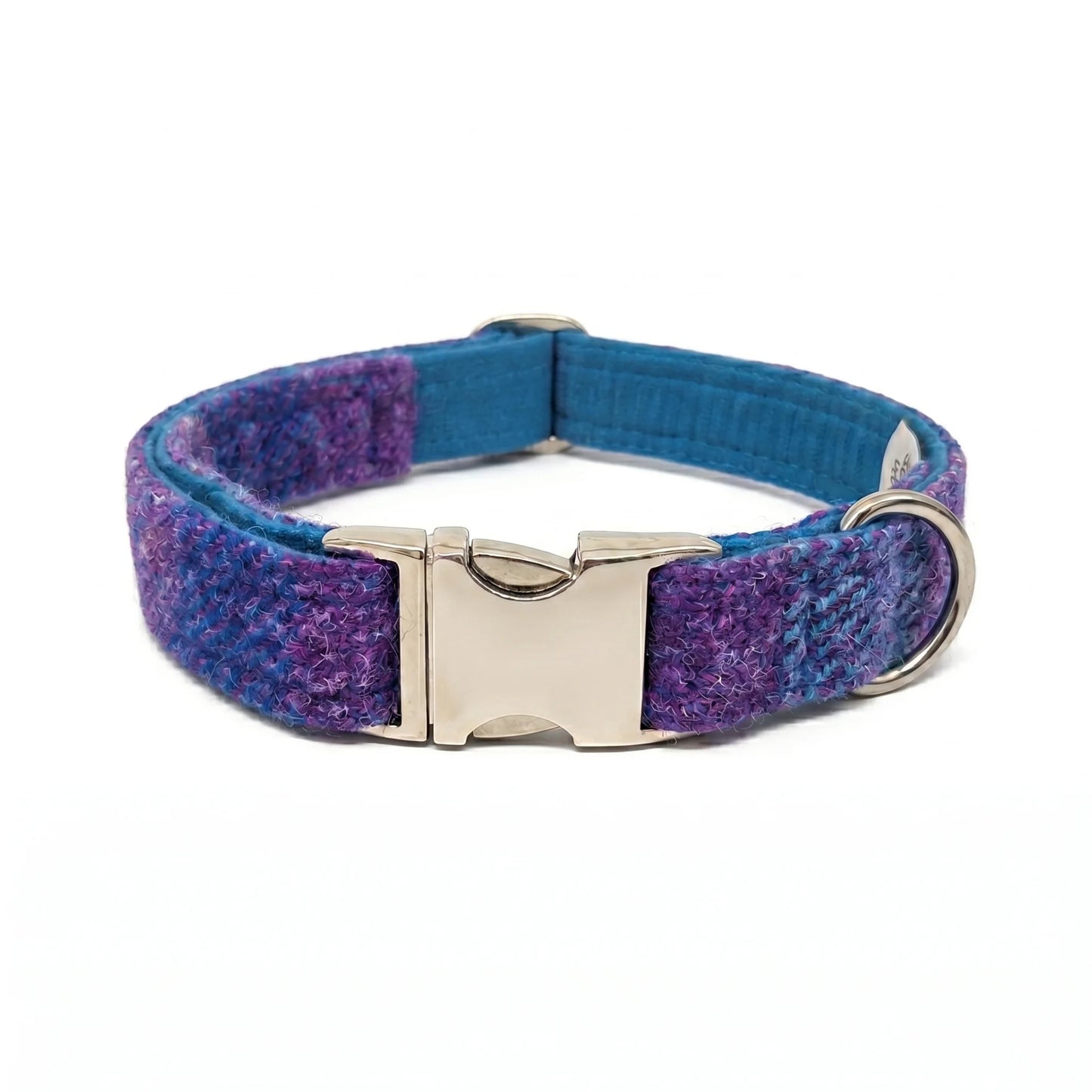 Blue and purple tweed dog collar with a silver buckle on a white background