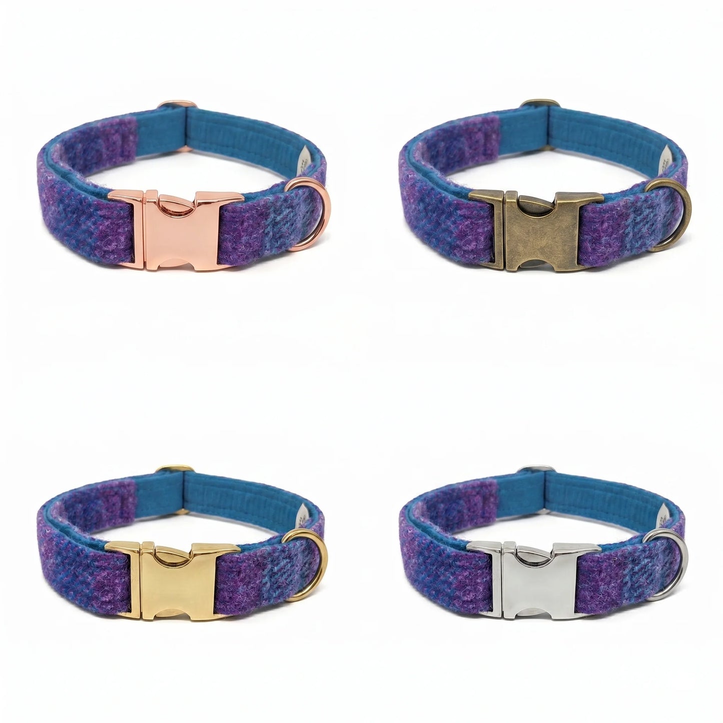 Turquoise & Amethyst Check Harris Tweed Dog collar