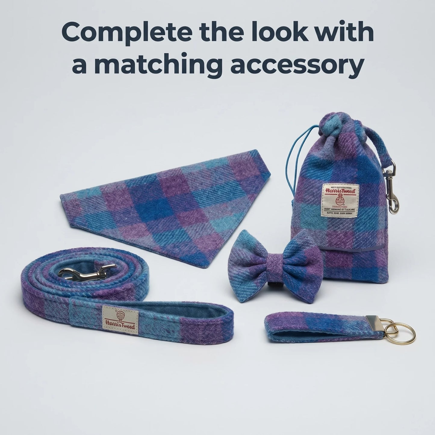Turquoise & Amethyst Check Harris Tweed Dog collar