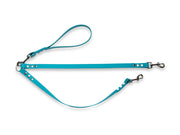 Turquoise waterproof Biothane double lead for two dogs, handmade in the UK