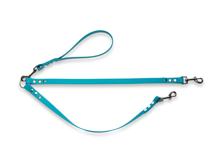 Turquoise waterproof Biothane double lead for two dogs, handmade in the UK