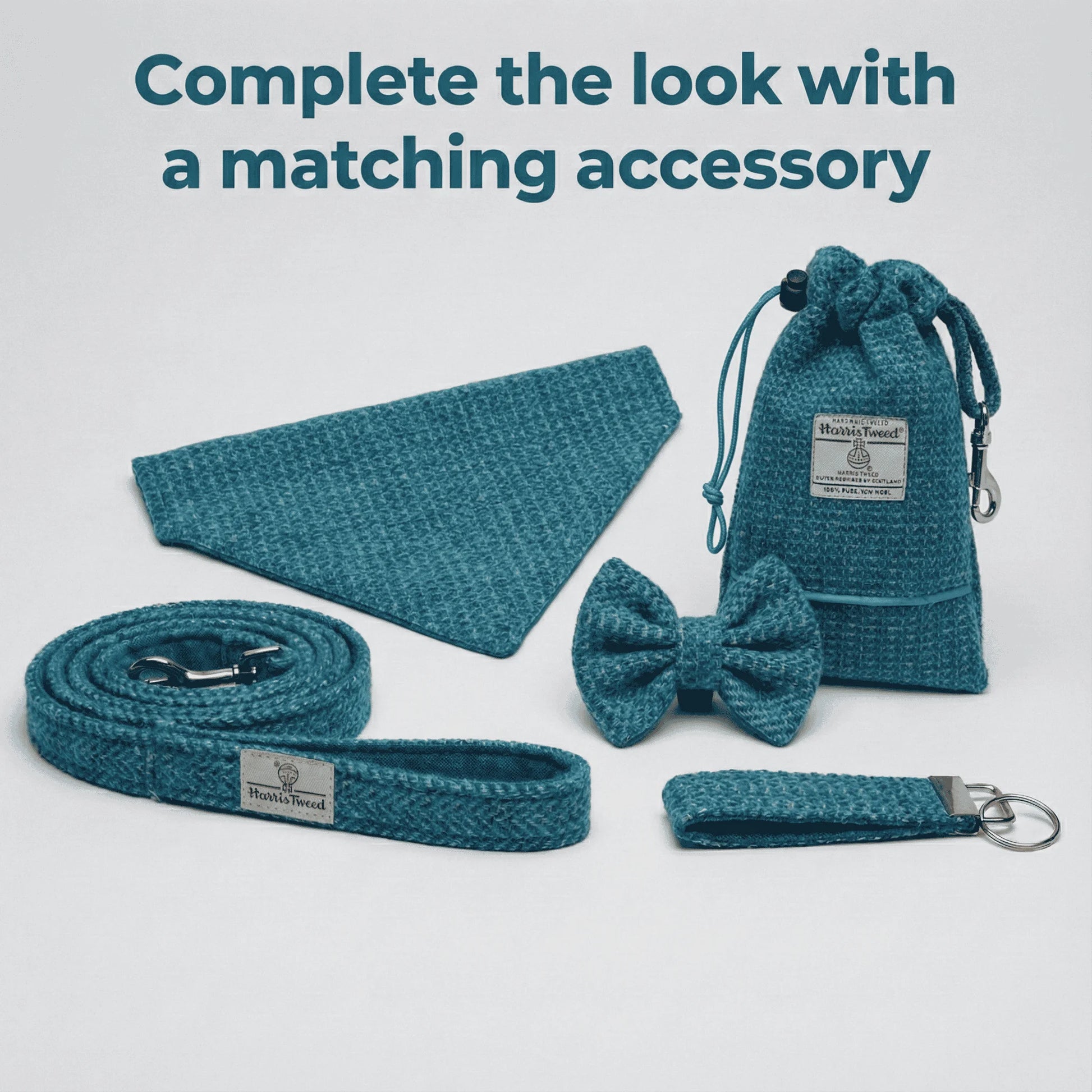 Teal pet accessory set including a leash, collar, bow tie, and pouch on a light gray background.