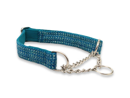 Turquoise fleck tweed martingale dog collar, handmade in Yorkshire with soft cotton lining, gentle half-choke design for sighthounds and pullers
