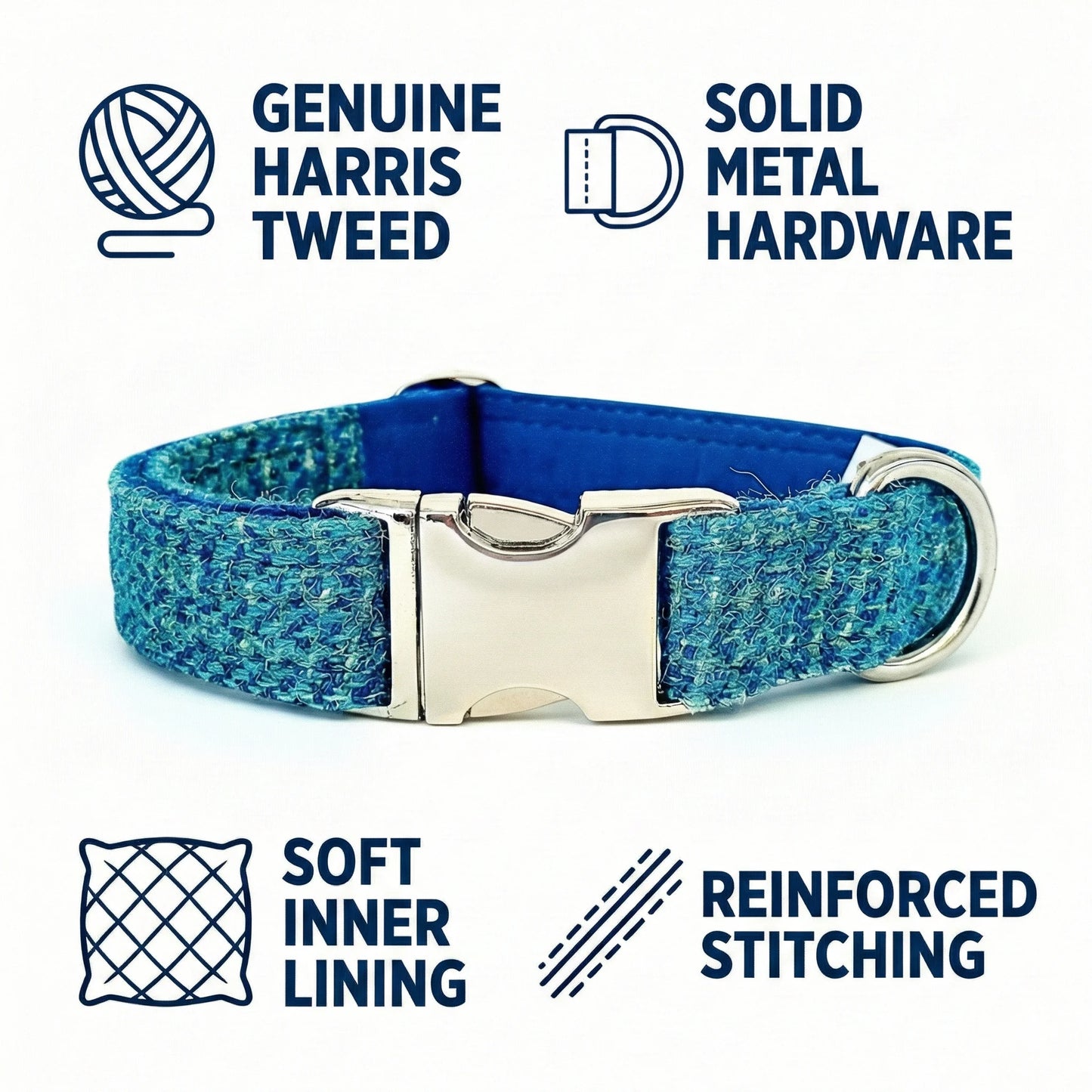 Blue Harris Tweed dog collar with metal buckle on a white background, featuring text about material and features.