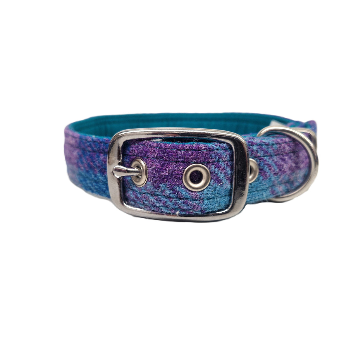 A tweed dog collar with a purple and blue check pattern, featuring a silver-tone metal buckle and D-ring, shown against a plain white background.