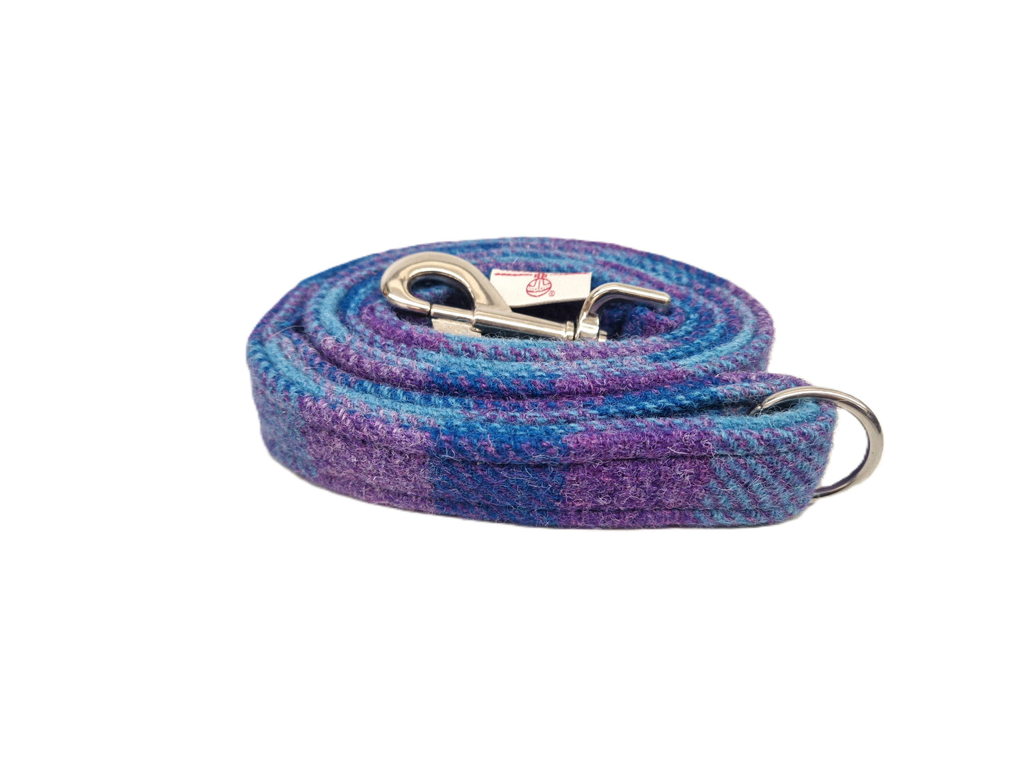 Blue and purple check tweed dog leash with metal clip on a white background