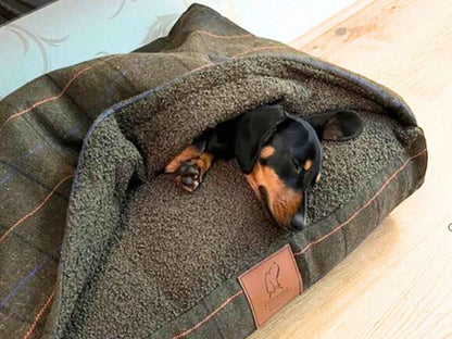 Black and tan dachshund sleeping inside a tweed snuggle dog bed with soft fleece lining