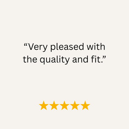 Five-star rating with text 'Very pleased with the quality and fit.' on a white background