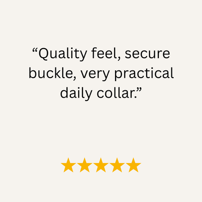 Product review text with five-star rating on a white background