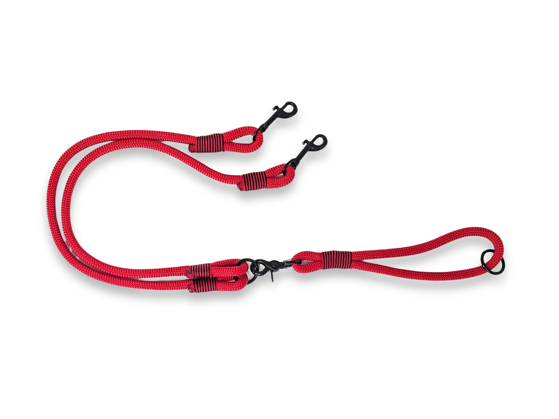 Vibrant red handmade rope double dog lead with split design and customisable whipping and hardware