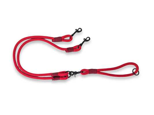 Vibrant red handmade rope double dog lead with split design and customisable whipping and hardware