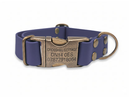 violet purple biothane dog collar with engraving on white bg