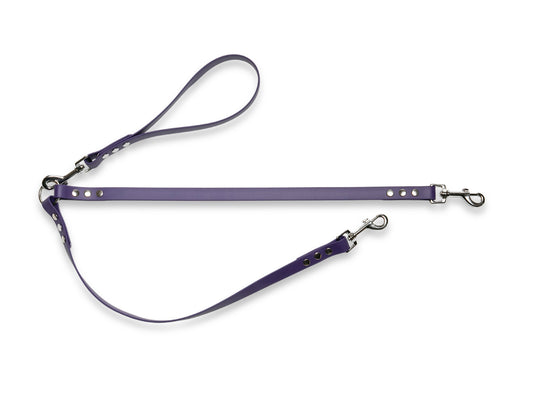 Violet waterproof Biothane split lead for walking two dogs, dual connection design