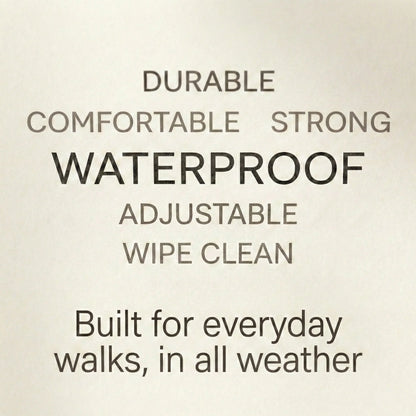 Waterproof dog collar features including durable, comfortable, strong, adjustable and wipe clean design, built for everyday walks in all weather