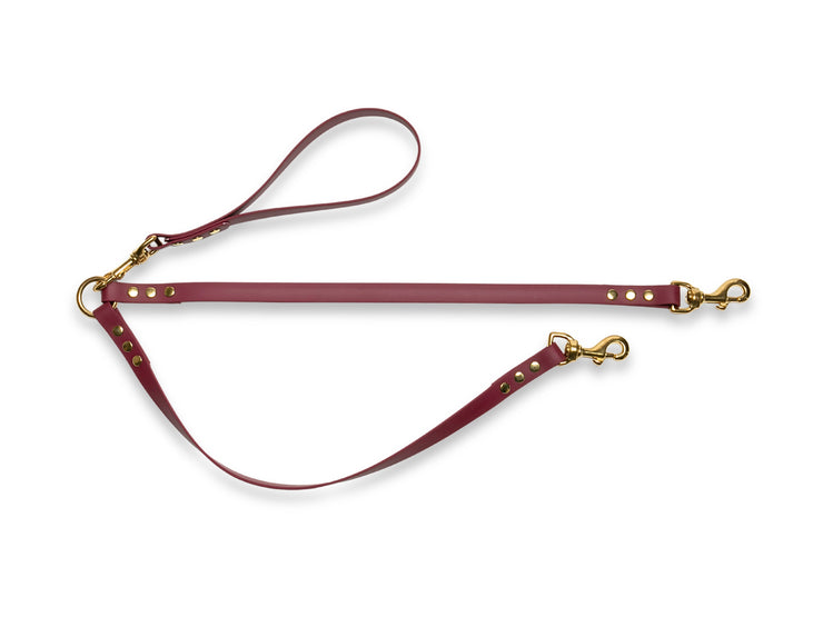 Wine waterproof Biothane split dog lead for walking two dogs, handmade in the UK