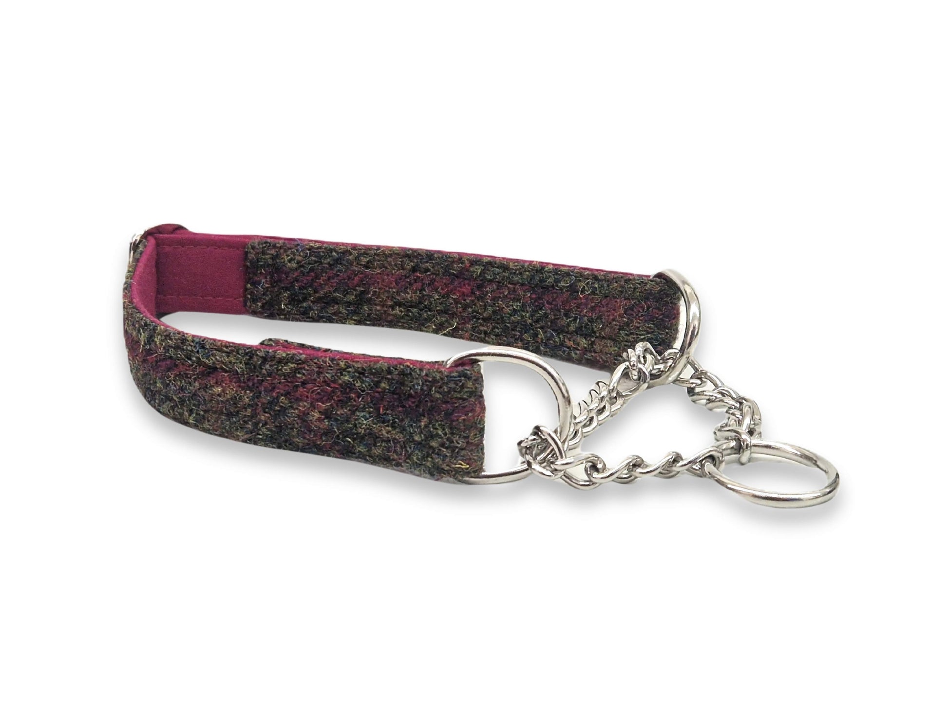 Winter woodland tweed martingale dog collar, handmade in Yorkshire with soft cotton lining, ideal for sighthounds and dogs needing gentle control