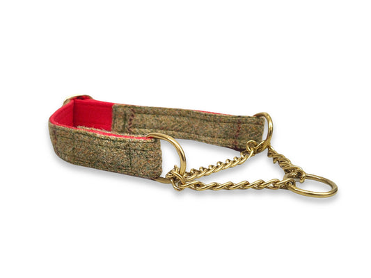 Handmade Yorkshire tweed martingale half choke dog collar with secure, gentle fit and classic British style