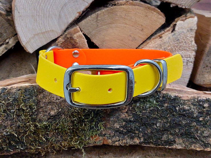 Collared Creatures Neon Orange & Yellow Multicolour Waterproof Biothane Dog Collar Handmade in Yorkshire