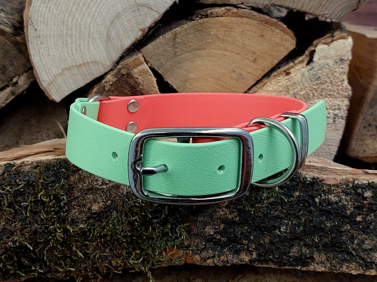Collared Creatures Coral & Apple Green Multicolour Waterproof Biothane Dog Collar