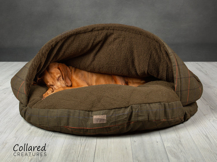 Green Tweed Classic Dog Cave Bed dog calming bed dog anxiety bed - Collared Creatures