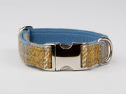 Collared Creatures Mustard and blue Harris tweed luxury dog collar