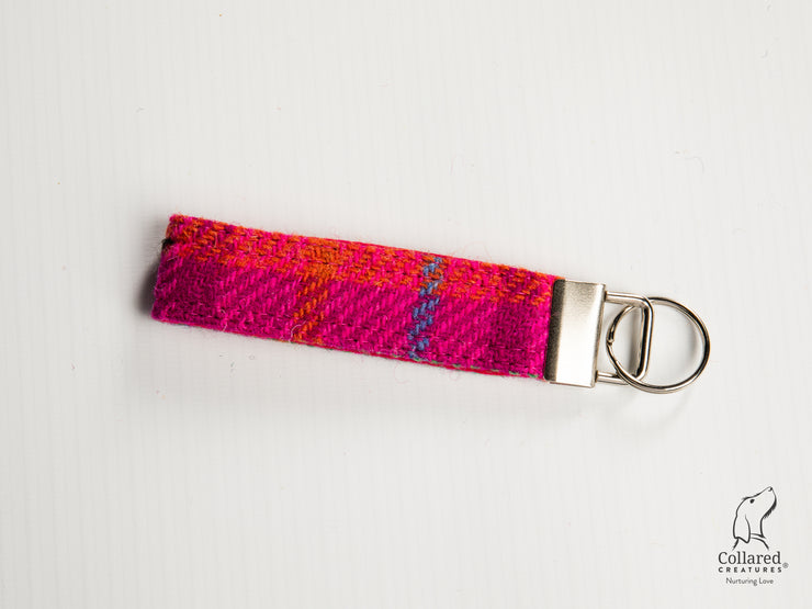 Collared Creatures Cerise Check Luxury Handmade Harris Tweed Keyrings / Key Fobs