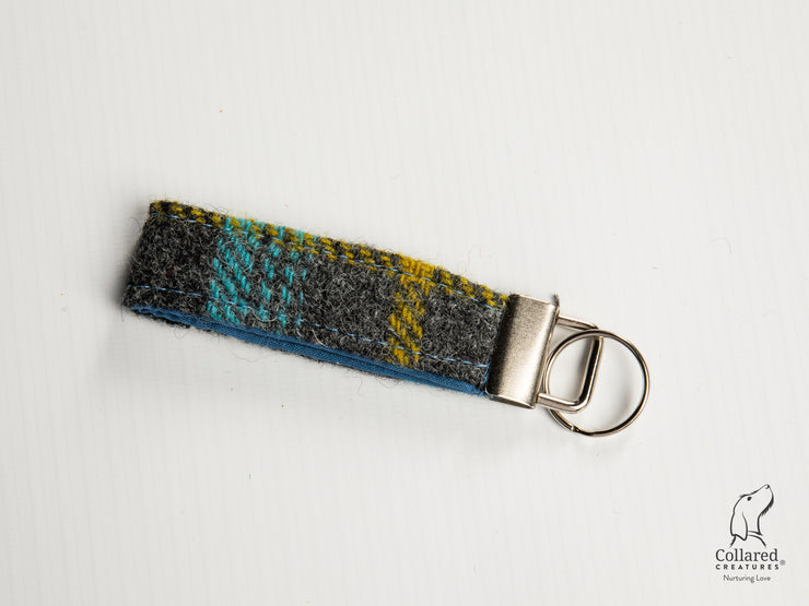 Collared Creatures Grey & Blue Check Luxury Handmade Harris Tweed Keyrings / Key Fobs