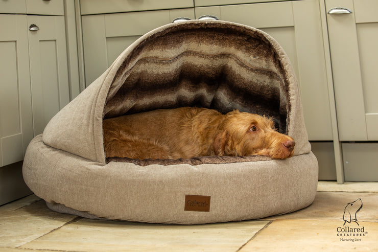 Beige Deluxe Comfort Cocoon calming anxiety  Dog Bed|collaredcreatures