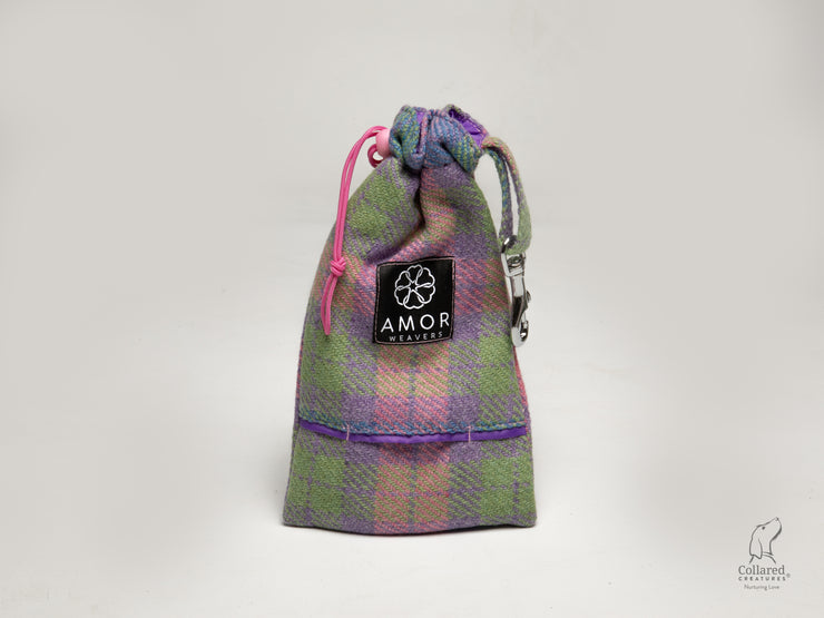 Hydrangea check harris tweed treat bag with built in poop dispenser|collared creatures