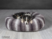 Tess who is a Collie looking warm and cosy in Collared Creatures gorgeous, luxury Grey deluxe donut dog bed