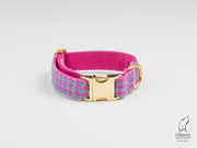 Collared Creatures Turquoise and Pink Harris Tweed Luxury Dog Collar gold clasp