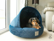 Sapphire Blue Quilted Velour Deluxe Comfort Cocoon Dog Bed dog calming bed dog anxiety bed |collared creatures