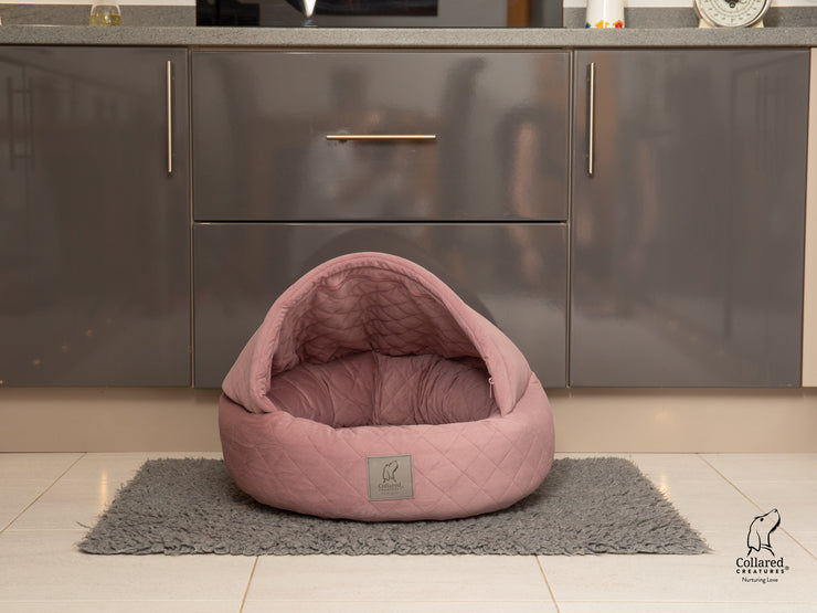 Dusky Pink Quilted Velour Deluxe Comfort Cocoon Dog Bed