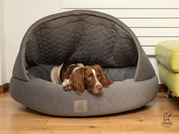 grey  quilted velvet  deluxe dog cocoon cave bed dog calming bed dog anxiety bed |collared creatures