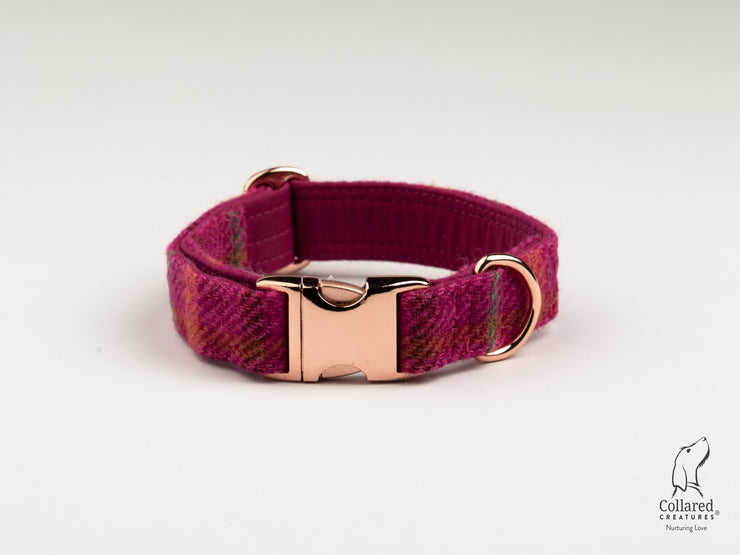 Collared Creatures Cerise Check Harris Tweed Luxury Dog Collar