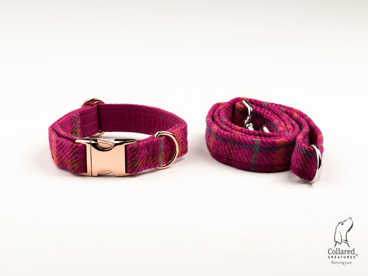 Collared Creatures Cerise Check Harris Tweed Luxury Dog Collar & Lead