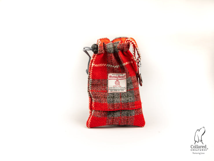 product photo of collared creatures red & grey Check Harris tweed treat bag