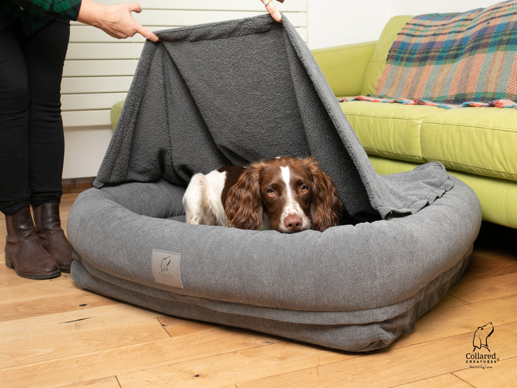 Collared Creatures Grey Bolster Hoodied Dog Bed - With Removable Hood