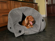 The luxury Collared Creatures Grey Quilted Velour Deluxe Comfort Cocoon Dog Cave Bed