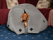 The luxury Collared Creatures Grey Quilted Velour Deluxe Comfort Cocoon Dog Cave Bed