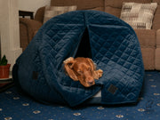 The luxury Collared Creatures Sapphire Blue Quilted Velour Deluxe Comfort Cocoon Dog Cave Bed