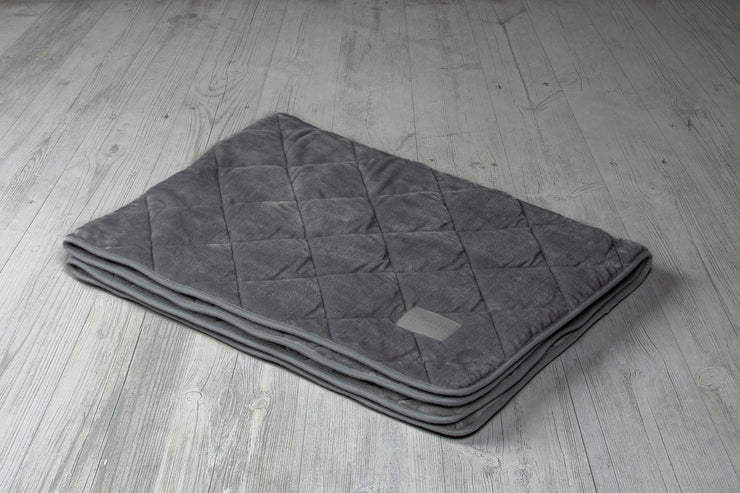 Collared Creatures Grey Luxury Quilted Dog Blanket -Sofa Throw In Grey Faux Fur displayed on a grey background