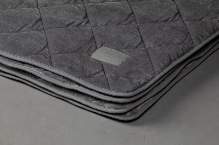 Collared Creatures Grey Luxury Quilted Dog Blanket -Sofa Throw In Grey Faux Fur displayed on a grey background