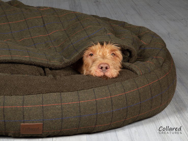 Green Tweed Classic Comfort Cocoon (cushion base) -dog calming anxiety bed |Collared Creatures