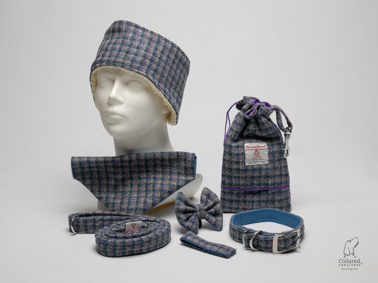 Lilac & Blue Small Check Luxury Harris Tweed Dog Collar