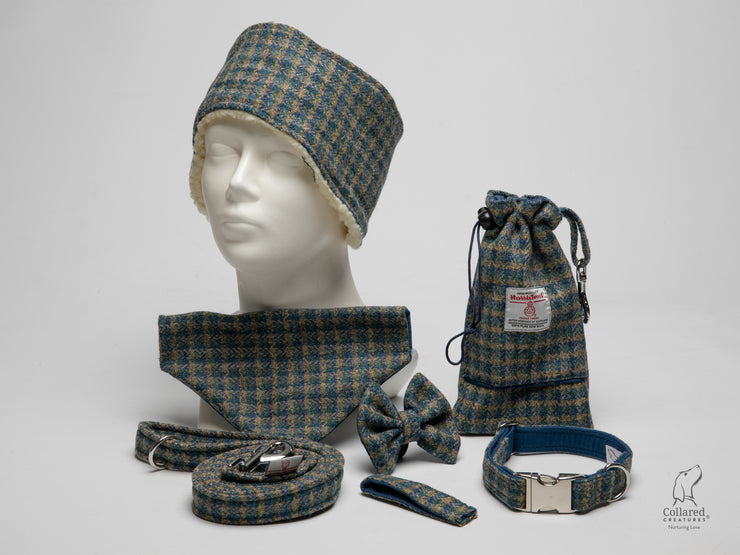 Collared Creatures Yellow & Blue Small Check Harris Tweed Luxury Dog Accessories