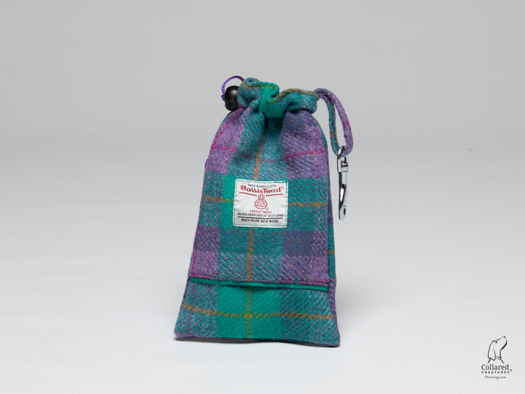 teal-and-lilac-check-harris-tweed-treat-bag-with-built-in-poop-bag-dispenser|collaredcreatures