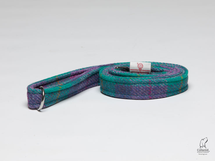 teal-and-lilac-check-luxury-harris-tweed-dog-lead|collaredcreatures